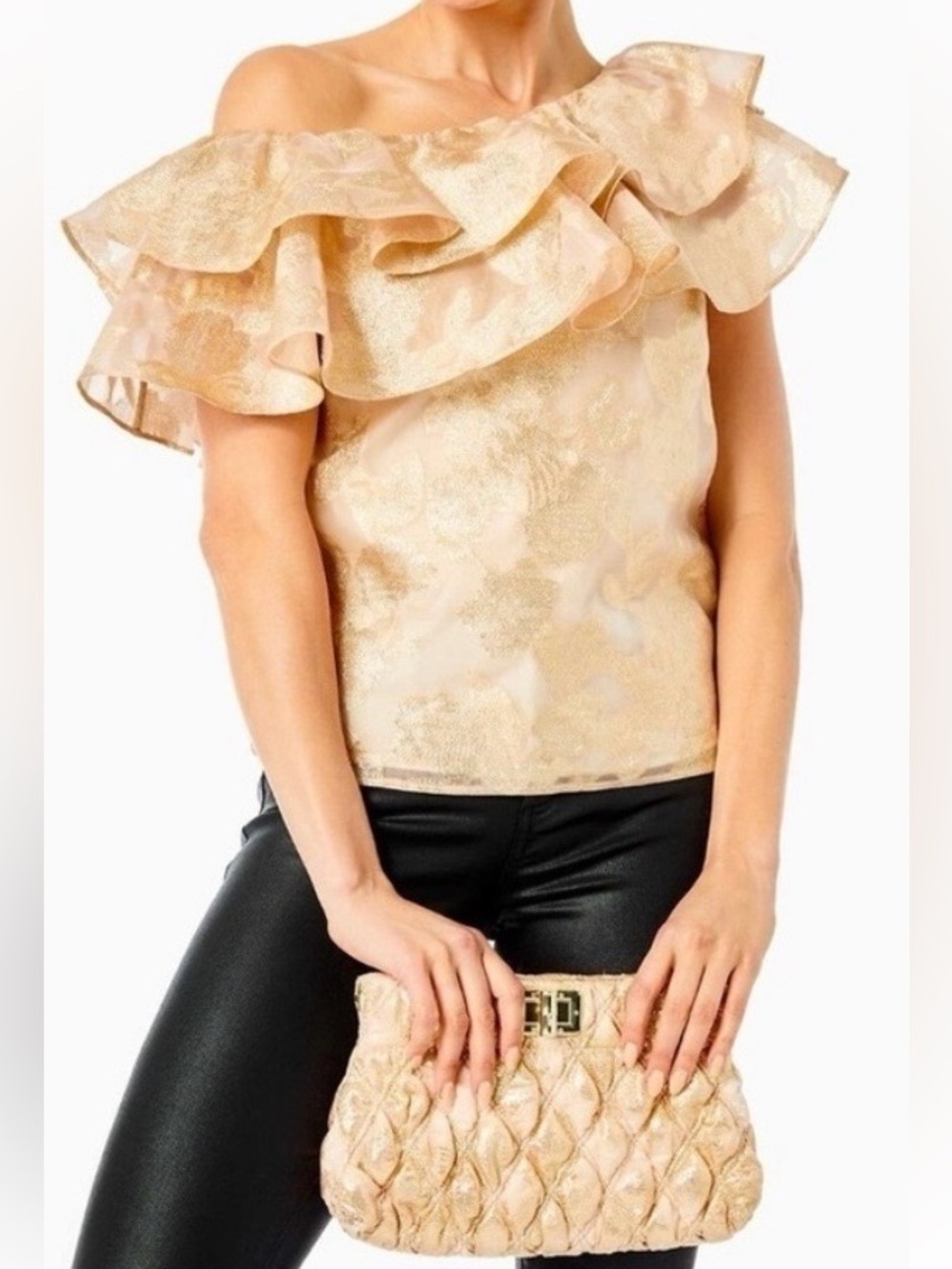 Lilly Pulitzer Metallic Trixie Gold One-Shoulder Ruffle Top